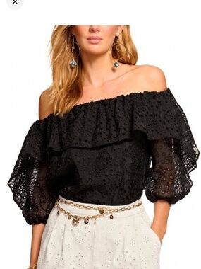 Ramy Brook black eyelet off the shoulder top,  size XL $355